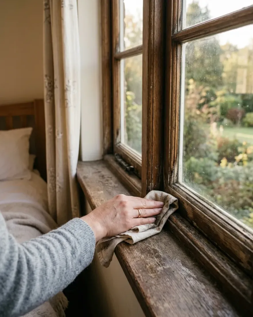 A hand wiping dust from a wooden window sill in a bedroom, morning light coming through the glass