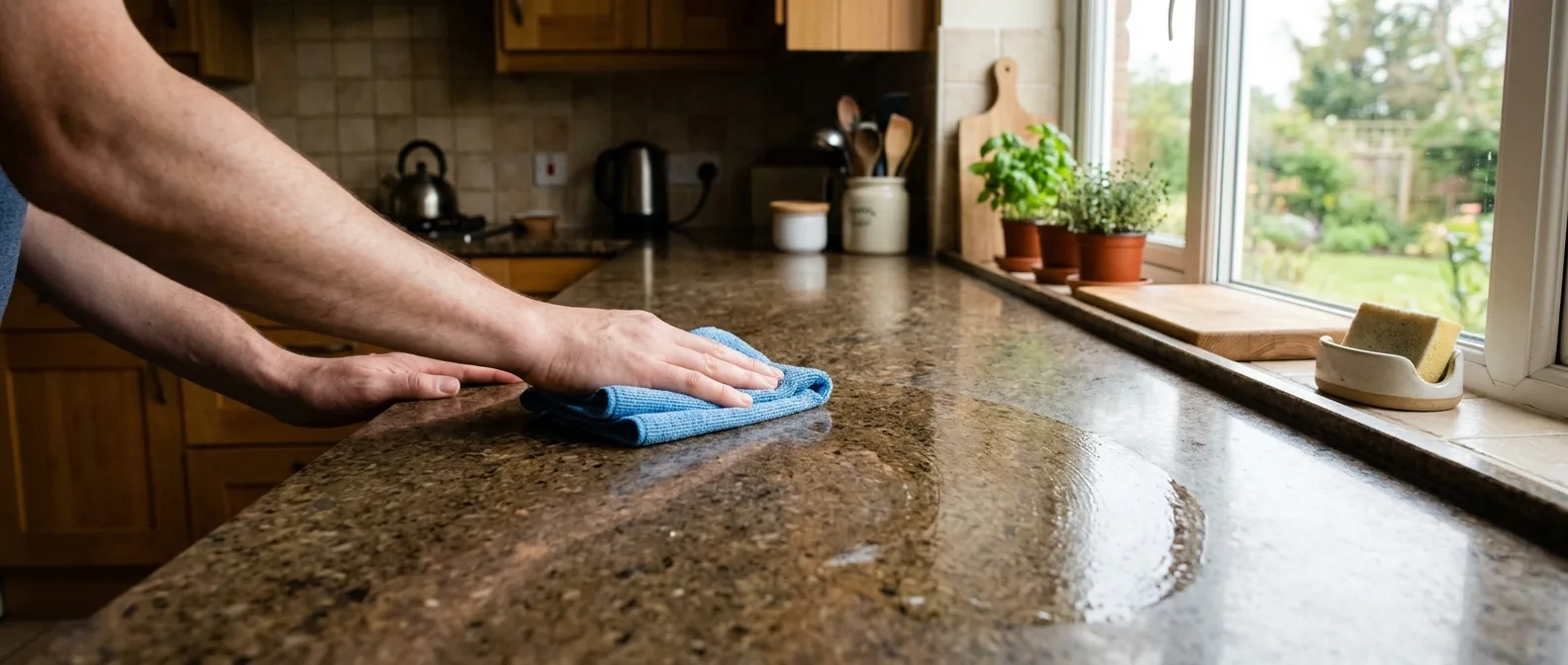 A hand drawing a folded microfiber cloth along a stone kitchen counter, damp arc trailing behind it, morning light from the window beyond