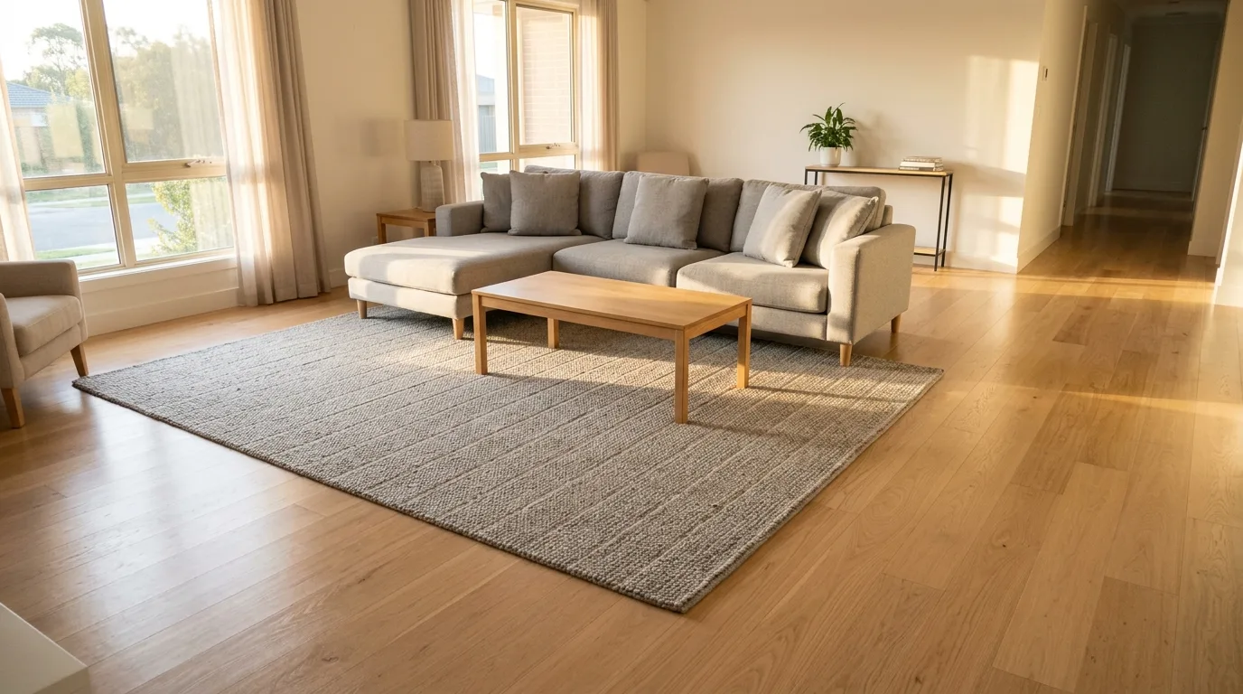 An empty sunlit living room at the end of a cleaning visit, cushions squared and vacuum lines still fresh in the rug