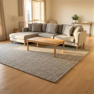 A living room with squared cushions and fresh vacuum lines in the rug after a deep clean