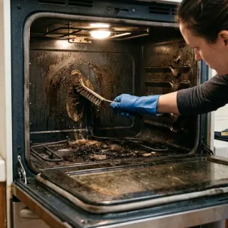 Scrubbing the inside of an oven with a heavy brush before a move-out inspection