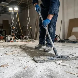 Mopping drywall dust off a concrete floor under work lights after a renovation