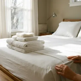 A bed made with crisp white linen and folded towels stacked at the corner in a rental bedroom