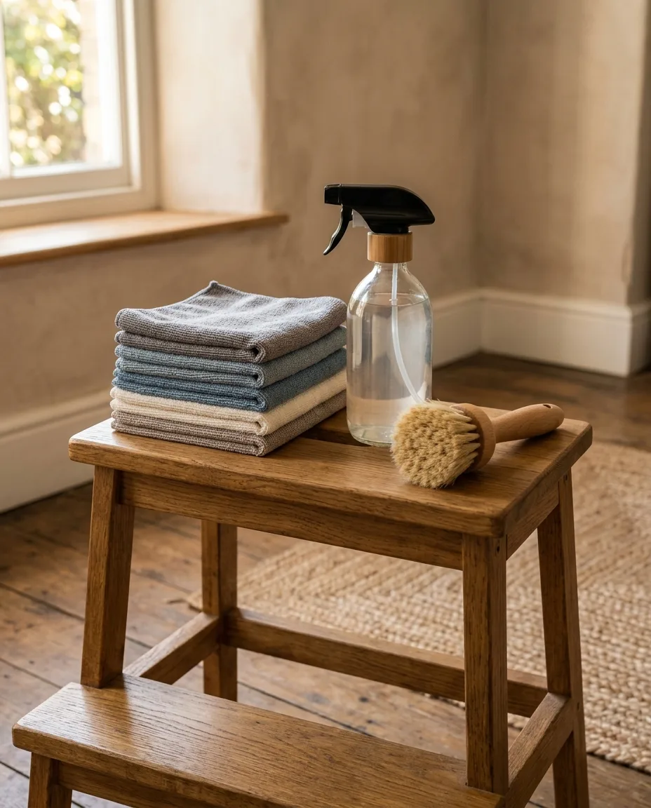 Folded microfiber cloths, a glass spray bottle and a bristle brush set out on a wooden step stool in warm side light